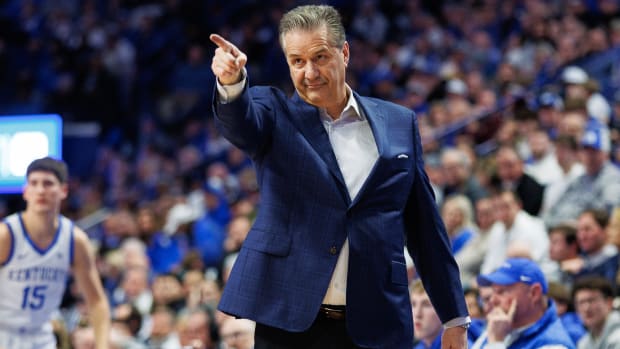 Jan 17, 2024; Lexington, Kentucky, USA; Kentucky Wildcats head coach John Calipari reacts during the first half against the Mississippi State Bulldogs at Rupp Arena at Central Bank Center. Mandatory Credit: Jordan Prather-USA TODAY Sports