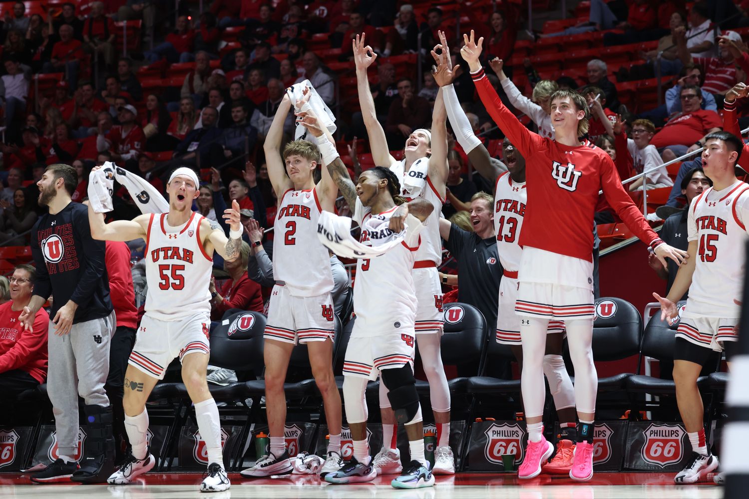Jan 18, 2024; Salt Lake City, Utah, USA; The Utah Utes bench reacts to a three point shot against the Oregon State Beavers during the second half at Jon M. Huntsman Center. Mandatory Credit: Rob Gray-USA TODAY Sports