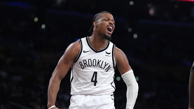 Brooklyn Nets guard Dennis Smith Jr. (4) celebrates against the Los Angeles Lakers