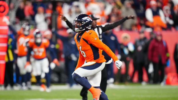 Denver Broncos safety P.J. Locke (6) celebrates his sack against the Cleveland Browns in the fourth quarter at Empower Field at Mile High.