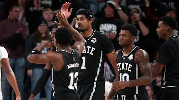Jan 20, 2024; Starkville, Mississippi, USA; Mississippi State Bulldogs forward Tolu Smith (1) reacts with Mississippi State Bulldogs guard Josh Hubbard (13) after basket during the second half against the Vanderbilt Commodores at Humphrey Coliseum. Mandatory Credit: Petre Thomas-USA TODAY Sports