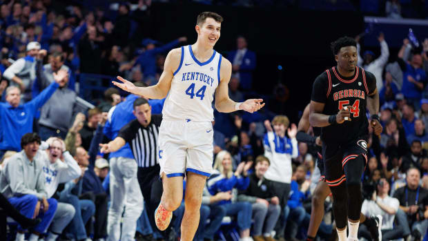 Jan 20, 2024; Lexington, Kentucky, USA; Kentucky Wildcats forward Zvonimir Ivisic (44) reacts after making a basket during the first half against the Georgia Bulldogs at Rupp Arena at Central Bank Center. Mandatory Credit: Jordan Prather-USA TODAY Sports