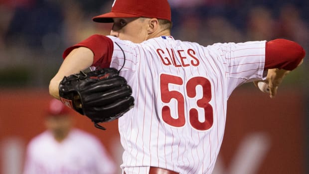 Jul 2, 2015; Philadelphia, PA, USA; Philadelphia Phillies relief pitcher Ken Giles (53) pitches against the Milwaukee Brewers at Citizens Bank Park. The Brewers won 8-7. Mandatory Credit: Bill Streicher-USA TODAY Sports