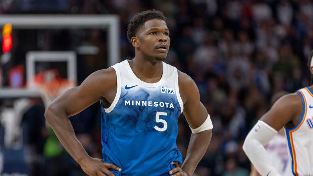 Jan 20, 2024; Minneapolis, Minnesota, USA; Minnesota Timberwolves guard Anthony Edwards (5) looks on against the Oklahoma City Thunder in the first half at Target Center.