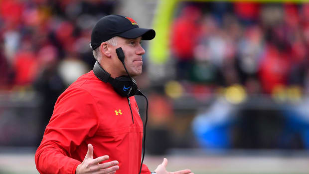 Nov 11, 2017; College Park, MD, USA; Maryland Terrapins head coach DJ Durkin looks on against the Michigan Wolverines during the first half at Maryland Stadium. Mandatory Credit: Brad Mills-USA TODAY Sports  