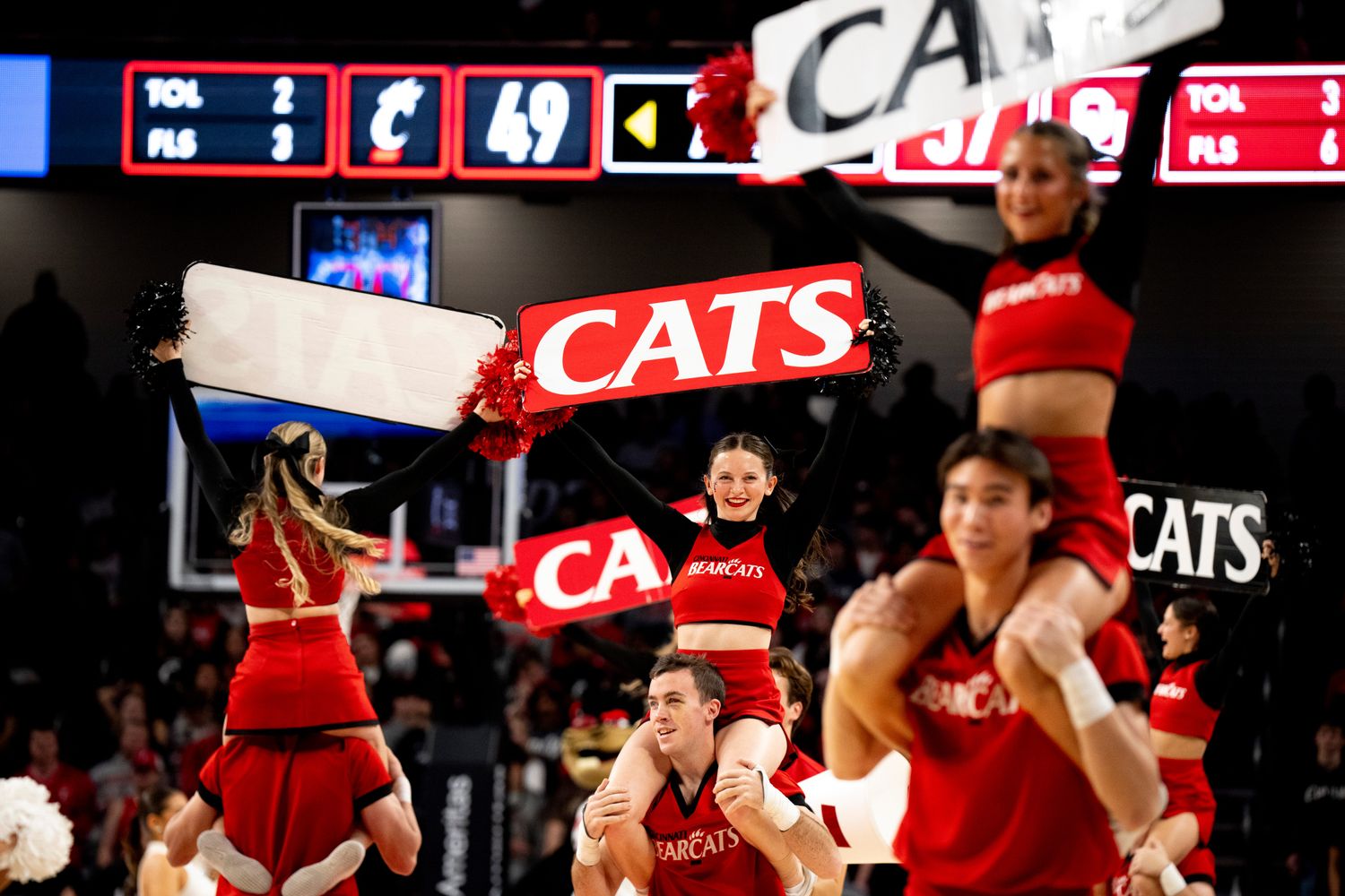 Cincinnati Bearcats cheerleaders perform in the second half of the NCAA basketball game between Cincinnati Bearcats and Oklahoma Sooners at Fifth Third Arena in Cincinnati on Saturday, Jan. 20, 2024.  