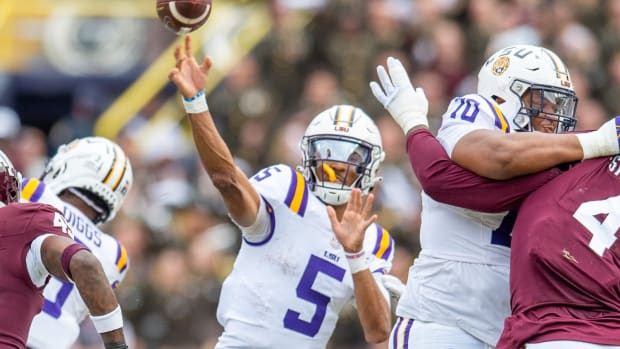 Quarterback Jayden Daniels 5 as the LSU Tigers take on Texas A&M in Tiger Stadium in Baton Rouge, Louisiana, November 25, 2023.