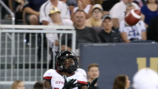 Aug 17, 2018; Winnipeg, Manitoba, CAN; Ottawa Redblacks wide receiver Dominique Rhymes (15) makes a catch during the second half against the Winnipeg Blue Bombers during a Canadian Football League game at Investors Group Field. Ottawa wins 44 -21 0ver Winnipeg. Mandatory Credit: Bruce Fedyck-USA TODAY Sports  