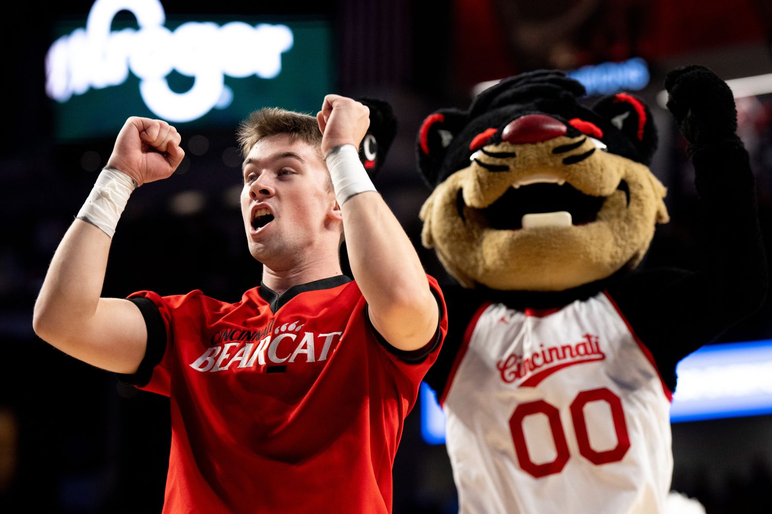 Cincinnati Bearcats cheerleader performs in the second half of the NCAA basketball game between Cincinnati Bearcats and Oklahoma Sooners at Fifth Third Arena in Cincinnati on Saturday, Jan. 20, 2024.  