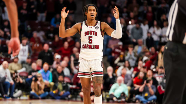 Jan 16, 2024; Columbia, South Carolina, USA; South Carolina Gamecocks guard Meechie Johnson (5) reacts after being called for a flagrant foul against the Georgia Bulldogs in the second half at Colonial Life Arena. Mandatory Credit: Jeff Blake-USA TODAY Sports
