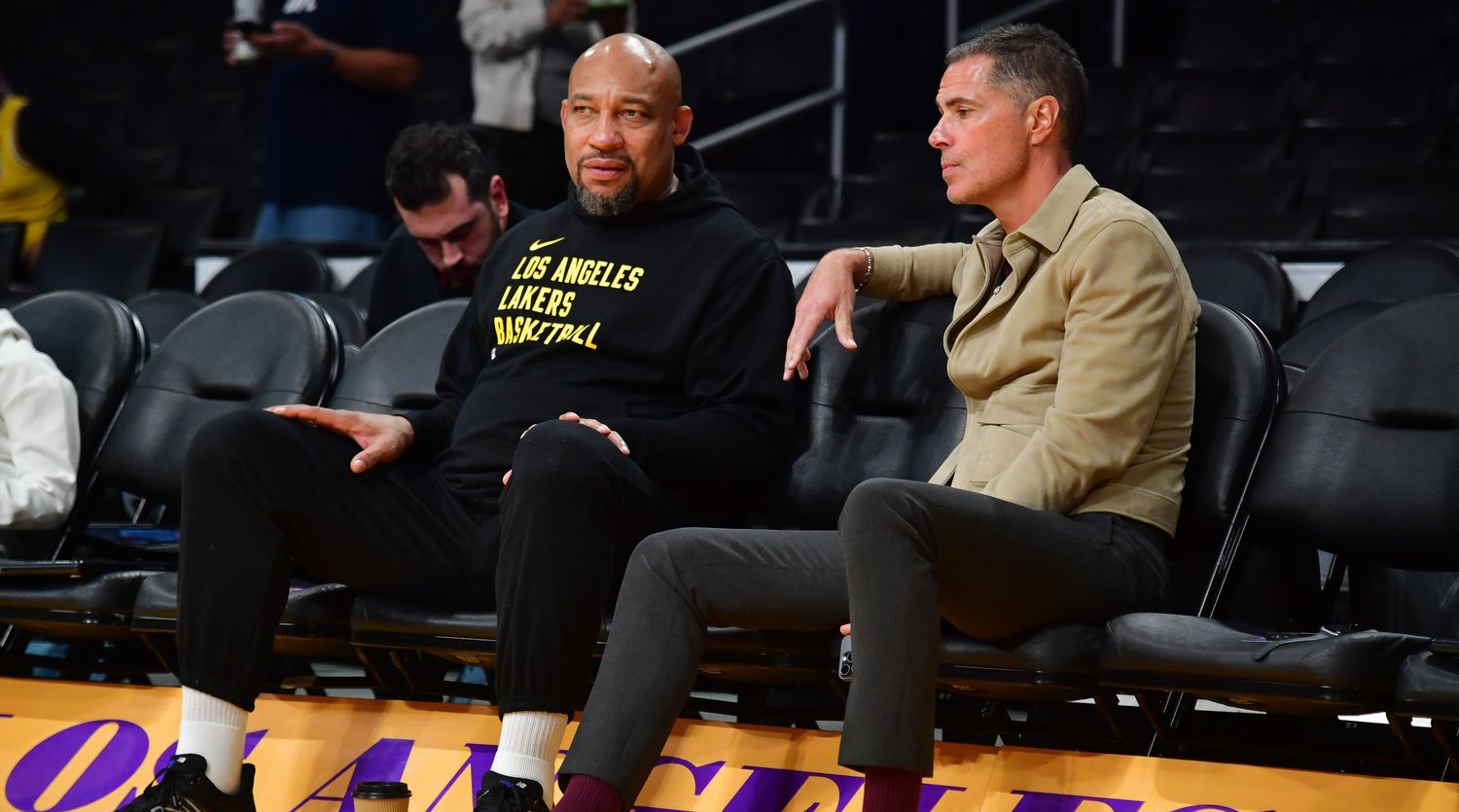 Los Angeles Lakers coach Darvin Ham and VP of basketball Rob Pelinka.
