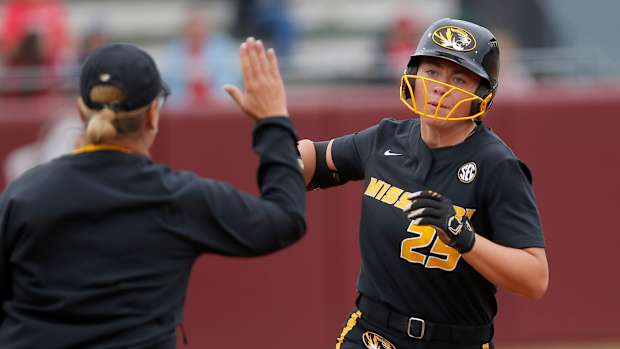 Missouri's Alex Honnold (25) celebrates a home run during a college softball game between the Missouri Tigers and the California Bears at Norman Regional of NCAA softball tournament at Marita Hynes Field in Norman, Okla., Friday, May, 19, 2023.