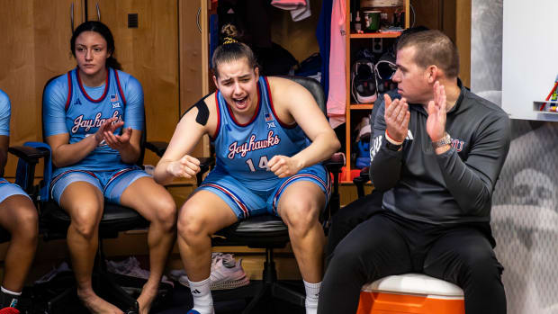 Danai Papadopoulou in the locker room at halftime of Iowa State at Kansas