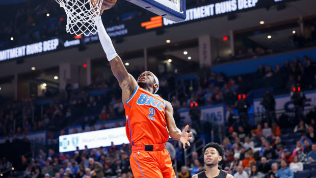 Jan 23, 2024; Oklahoma City, Oklahoma, USA; Oklahoma City Thunder guard Shai Gilgeous-Alexander (2) goes up for a basket against the Portland Trail Blazers during the second half at Paycom Center. Mandatory Credit: Alonzo Adams-USA TODAY Sports