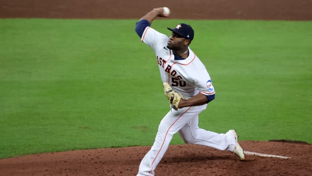 Oct 23, 2023; Houston, Texas, USA; Houston Astros pitcher Hector Neris (50) during the fourth inning of game seven in the ALCS against the Texas Rangers for the 2023 MLB playoffs at Minute Maid Park. Mandatory Credit: Erik Williams-USA TODAY Sports