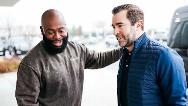 Tennessee Titans general manager Ran Carthon welcomes new head coach Brian Callahan as he arrives in Nashville, Tennessee.