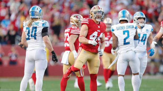 49ers fullback Kyle Juszczyk celebrates a play in the first quarter of the NFC championship game at Levi's Stadium in Santa Clara, California, on Sunday, Jan. 28, 2024.