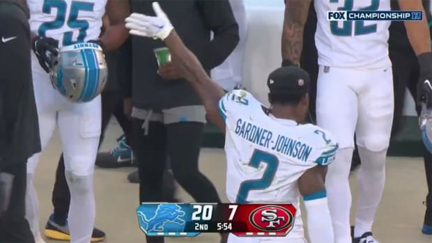 C.J. Gardner-Johnson appears to wave goodbye to 49ers fans during the NFC championship game.