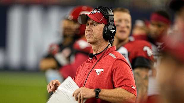Aug 20, 2022; Toronto, Ontario, CAN; Calgary Stampeders head coach Dave Dickenson reacts during the second half against the Toronto Argonauts at BMO Field. Mandatory Credit: John E. Sokolowski-USA TODAY Sports  