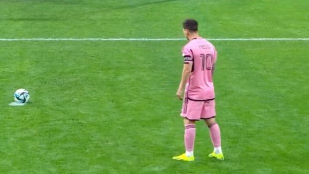Inter Miami captain Lionel Messi pictured moments before he scored from a penalty kick in a 4-3 loss to Al-Hilal in January 2024