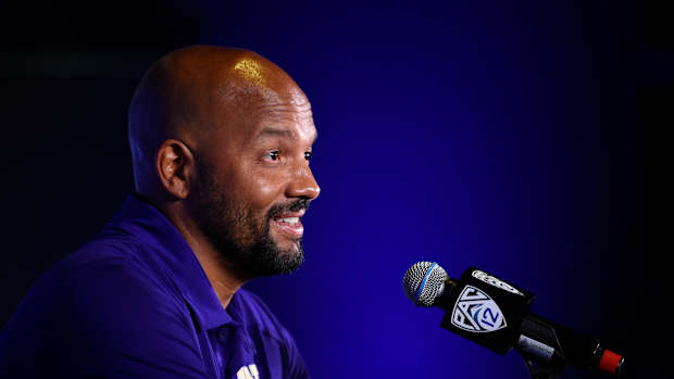 Jul 27, 2021; Hollywood, CA, USA; Washington Huskies head coach Jimmy Lake speaks with the media during the Pac-12 football Media Day at the W Hollywood.