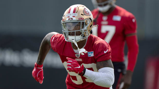 Jul 29, 2022; Santa Clara, CA, USA; San Francisco 49ers wide receiver Tay Martin (83) runs during training camp at the SAP Performance Facility near Levi Stadium. Mandatory Credit: Stan Szeto-USA TODAY Sports