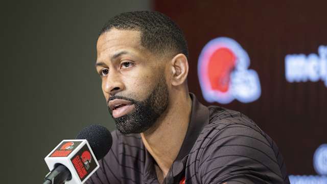Mar 25, 2022; Berea, OH, USA; Cleveland Browns general manager Andrew Berry talks with the media during a press conference to introduce new quarterback Deshaun Watson at the CrossCountry Mortgage Campus. Mandatory Credit: Ken Blaze-USA TODAY Sports