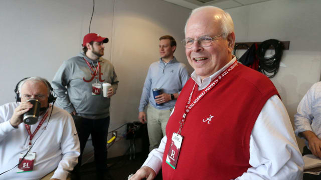 Eli Gold prepares for the broadcast before the Alabama football game with Western Carolina, Saturday, Nov. 24, 2019.