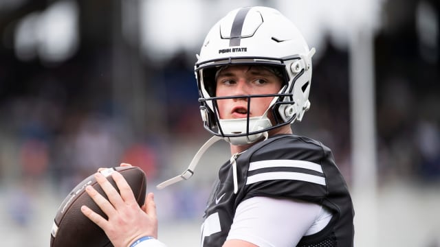 Penn State quarterback Drew Allar lines up at pass at the Nittany Lions' 2023 Blue-White Game.