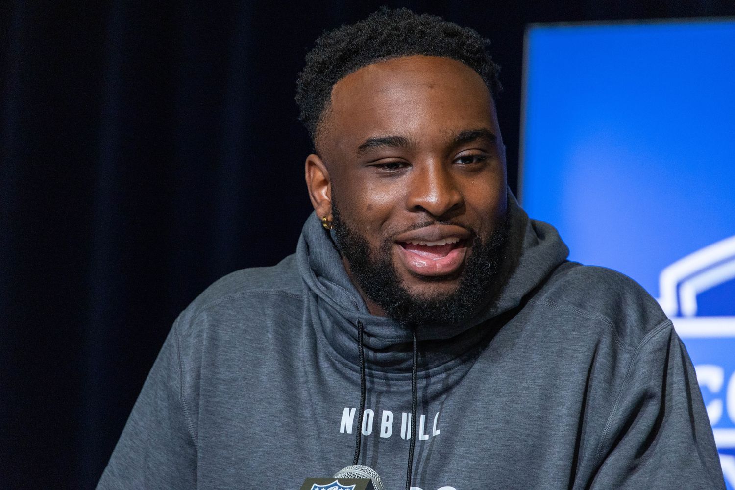 Mar 1, 2023; Indianapolis, IN, USA; Kansas State defensive lineman Felix Anudike Uzomah (DL22) speaks to the press at the NFL Combine at Lucas Oil Stadium. Mandatory Credit: Trevor Ruszkowski-USA TODAY Sports