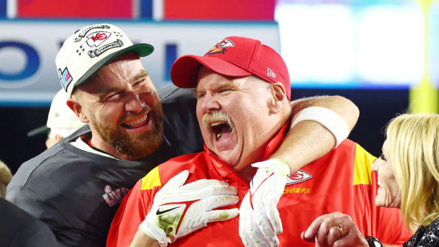 Feb 12, 2023; Glendale, Arizona, US; Kansas City Chiefs tight end Travis Kelce (87) celebrates with head coach Andy Reid after winning Super Bowl LVII against the Philadelphia Eagles at State Farm Stadium. Mandatory Credit: Mark J. Rebilas-USA TODAY Sports