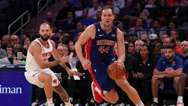 Oct 21, 2022; New York, New York, USA; Detroit Pistons forward Bojan Bogdanovic (44) moves the ball past New York Knicks guard Evan Fournier (13) during the second quarter at Madison Square Garden. Mandatory Credit: Tom Horak-USA TODAY Sports