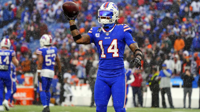 Jan 22, 2023; Orchard Park, New York, USA; Buffalo Bills wide receiver Stefon Diggs (14) during warmups before an AFC divisional round game between the Buffalo Bills and the Cincinnati Bengals at Highmark Stadium.