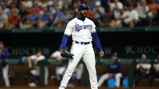 Texas Rangers relief pitcher Aroldis Chapman reacts after striking out Tampa Bay Rays designated hitter Harold Ramirez in the ninth inning Monday at Globe Life Field.