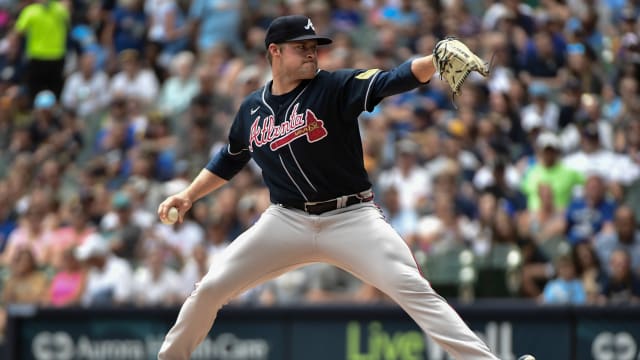 Jul 23, 2023; Milwaukee, Wisconsin, USA; Atlanta Braves pitcher Bryce Elder (55) pitches against the Milwaukee Brewers in the first inning at American Family Field.