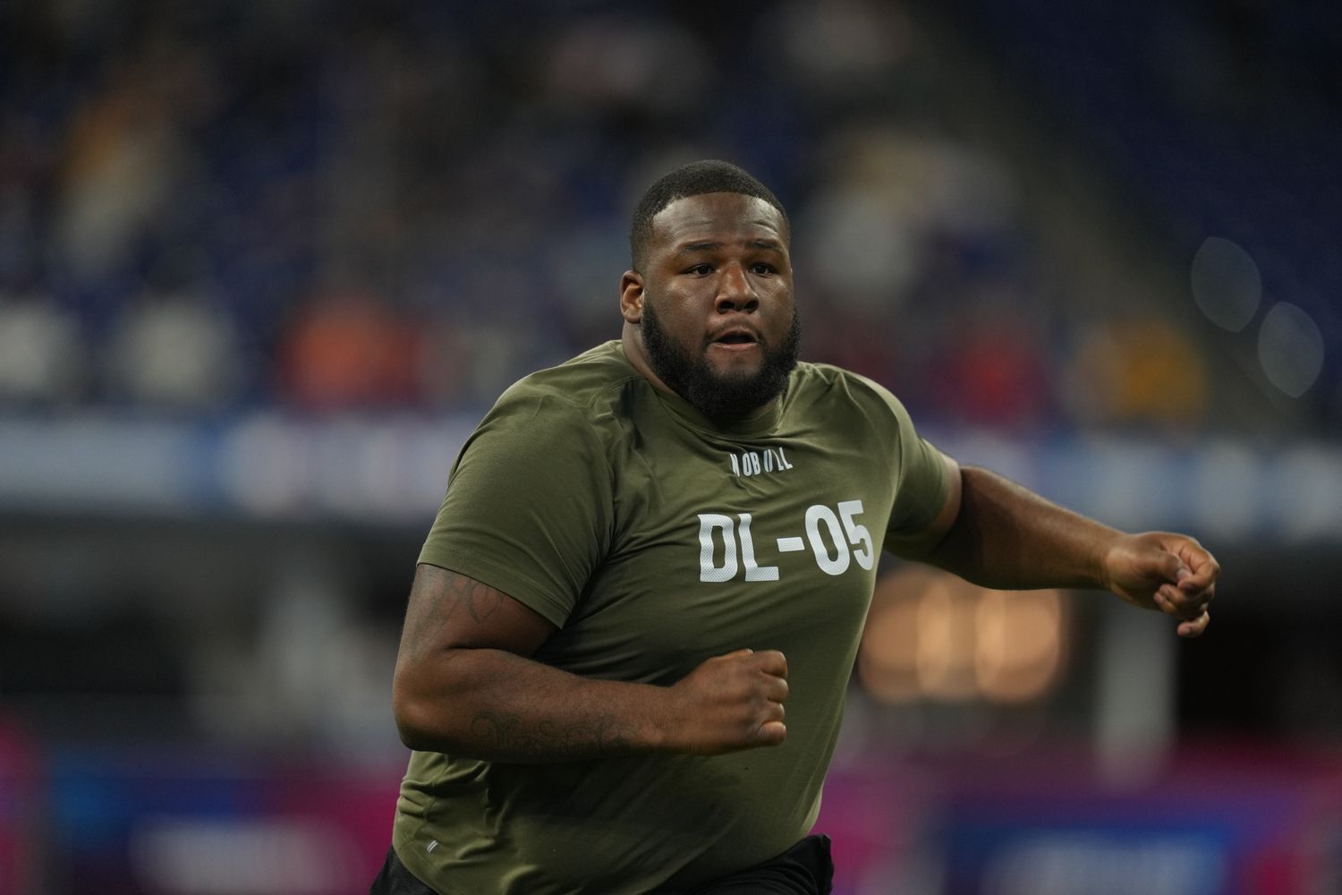 Mar 2, 2023; Indianapolis, IN, USA; Texas defensive lineman Keondre Coburn (DL05) participates in the NFL Combine at Lucas Oil Stadium. Mandatory Credit: Kirby Lee-USA TODAY Sports