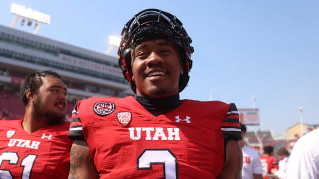Utah Utes quarterback Ja'Quinden Jackson (3) reacts to a win against the Southern Utah Thunderbirds at Rice-Eccles Stadium.