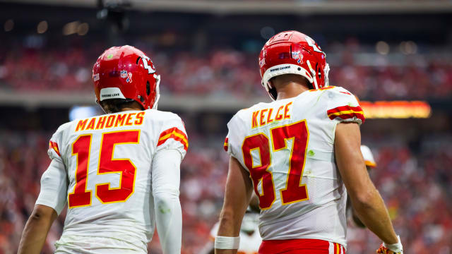Sep 11, 2022; Glendale, Arizona, USA; Detailed view of the jersey of Kansas City Chiefs quarterback Patrick Mahomes (15) and tight end Travis Kelce (87) against the Arizona Cardinals at State Farm Stadium. Mandatory Credit: Mark J. Rebilas-USA TODAY Sports