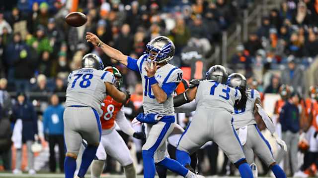 Feb 23, 2023; Seattle, WA, USA; St. Louis Battlehawks quarterback AJ McCarron (10) passes the ball against the Seattle Sea Dragons during the first half at Lumen Field. St Louis defeated Seattle 20-18. Mandatory Credit: Steven Bisig-USA TODAY Sports  