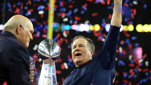 Feb 5, 2017; Houston, TX, USA; New England Patriots head coach Bill Belichick celebrates with the Vince Lombardi Trophy after beating the Atlanta Falcons during Super Bowl LI at NRG Stadium.