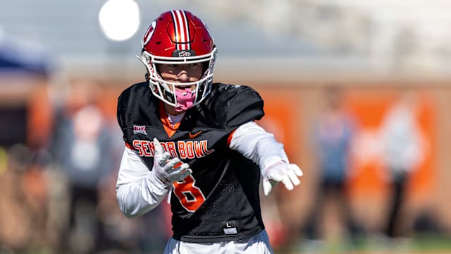 Jan 31, 2024; Mobile, AL, USA; National defensive back Cole Bishop of Utah (8) sets a defensive play during practice for the National team at Hancock Whitney Stadium. Mandatory Credit: Vasha Hunt-USA TODAY Sports