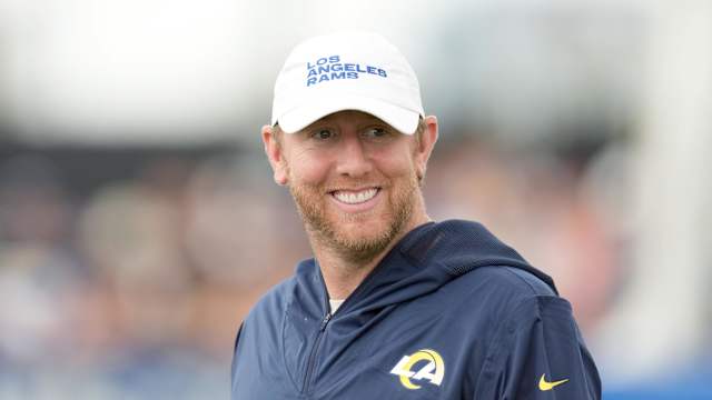 Jul 31, 2022; Irvine, CA, USA; Los Angeles Rams offensive coordinator Liam Coen during training camp at UC Irvine. Mandatory Credit: Kirby Lee-USA TODAY Sports