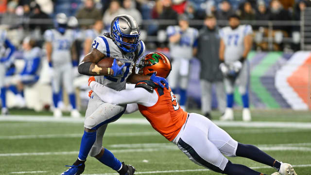 Feb 23, 2023; Seattle, WA, USA; Seattle Sea Dragons inside linebacker Tuzar Skipper (51) tackles St. Louis Battlehawks running back Mataeo Durant (21) for a loss during the second half at Lumen Field. St. Louis defeated Seattle 20-18. Mandatory Credit: Steven Bisig-USA TODAY Sports  