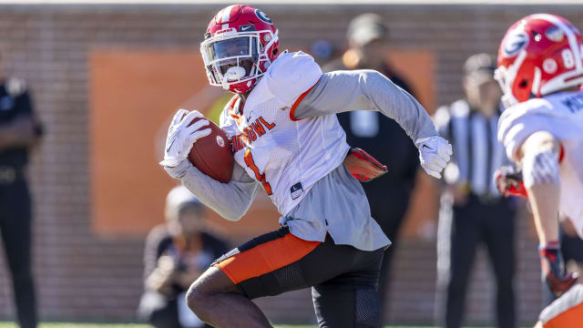 Jan 31, 2024; Mobile, AL, USA; American wide receiver Marcus Rosemy-Jacksaint of Georgia (1) runs the ball after a catch during practice for the American team at Hancock Whitney Stadium.