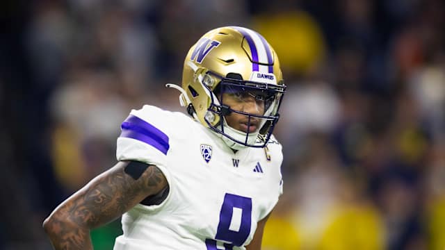 Jan 8, 2024; Houston, TX, USA; Washington Huskies quarterback Michael Penix Jr. (9) against the Michigan Wolverines during the 2024 College Football Playoff national championship game at NRG Stadium.