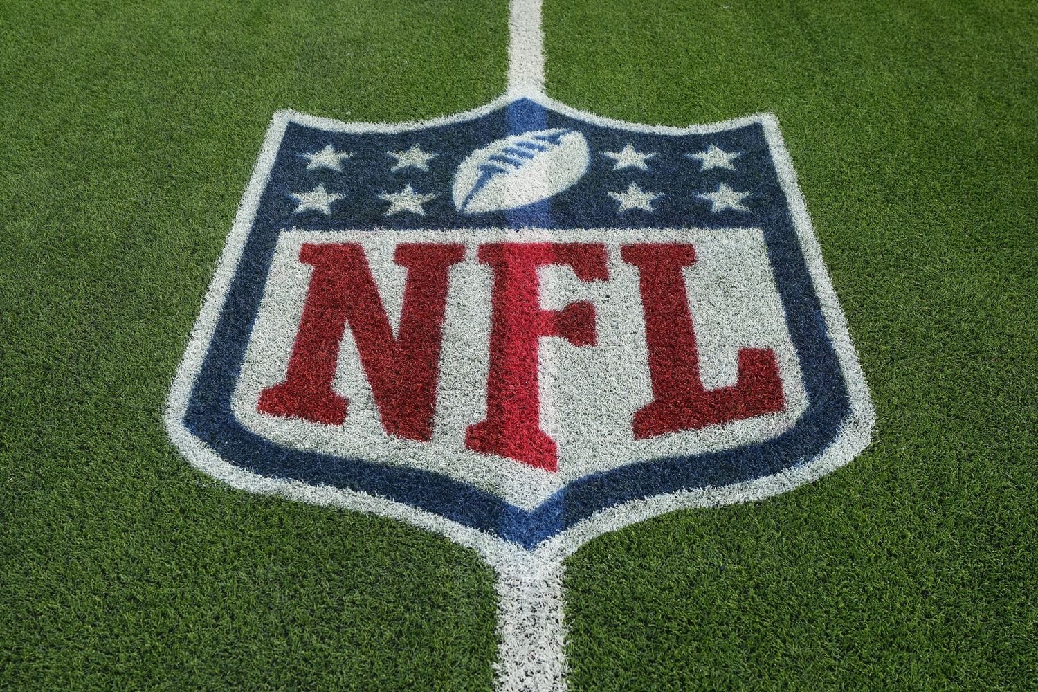 Dec 3, 2023; Inglewood, California, USA; The NFL shield logo on the field at SoFi Stadium. Mandatory Credit: Kirby Lee-USA TODAY Sports