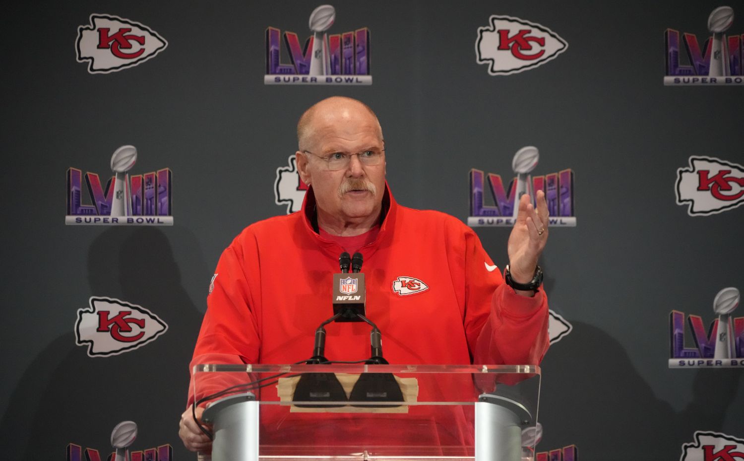 Feb 6, 2024; Las Vegas, NV, USA; Kansas City Chiefs head coach Andy Reid speaks during a press conference before Super Bowl LVIII at Westin Lake Las Vegas Resort and Spa. Mandatory Credit: Kirby Lee-USA TODAY Sports  