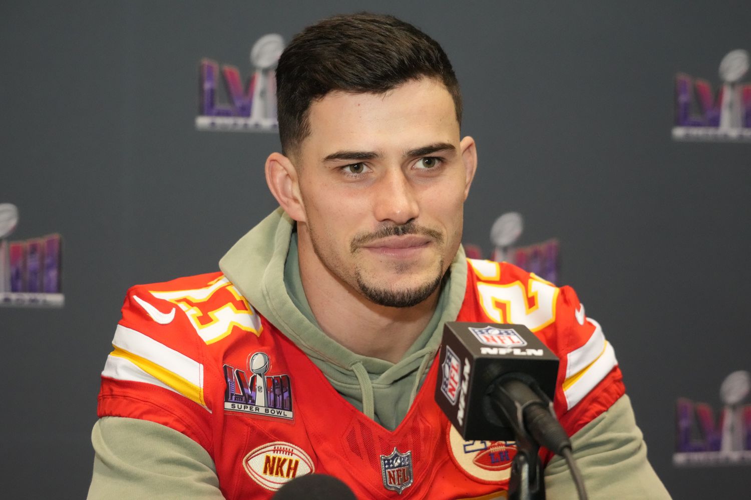 Feb 6, 2024; Las Vegas, NV, USA; Kansas City Chiefs linebacker Drue Tranquill (23) during a press conference before Super Bowl LVIII at Westin Lake Las Vegas Resort and Spa. Mandatory Credit: Kirby Lee-USA TODAY Sports  