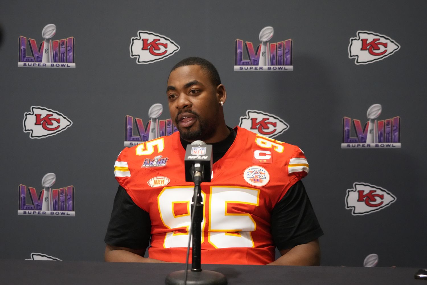 Feb 6, 2024; Las Vegas, NV, USA; Kansas City Chiefs defensive tackle Chris Jones (95) during a press conference before Super Bowl LVIII at Westin Lake Las Vegas Resort and Spa. Mandatory Credit: Kirby Lee-USA TODAY Sports  