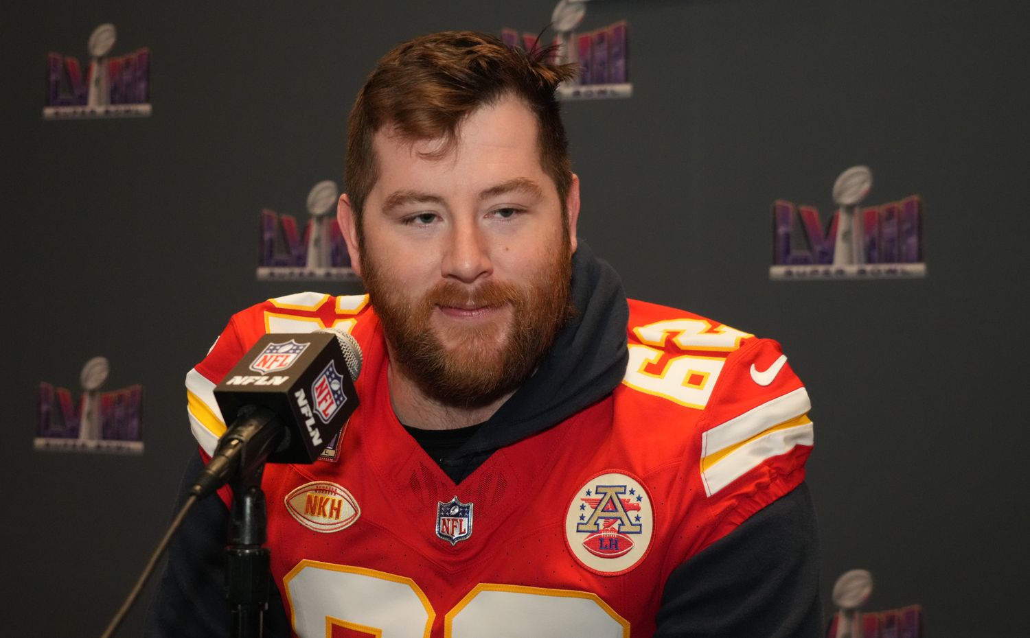 Feb 7, 2024; Las Vegas, NV, USA; Kansas City Chiefs guard Joe Thuney (62) during a press conference before Super Bowl LVIII at Westin Lake Las Vegas Resort and Spa. Mandatory Credit: Kirby Lee-USA TODAY Sports  